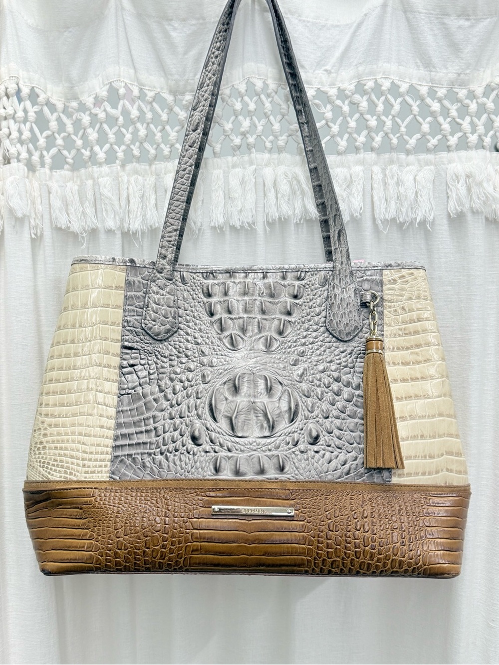 Brahmin Tri Color Colorblock Croc Embossed Leather Tote Bag Grey Cream Brown